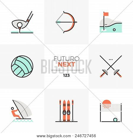 Modern Flat Icons Set Of Recreational Sports Activity, Outdoor Sports. Unique Color Flat Graphics El