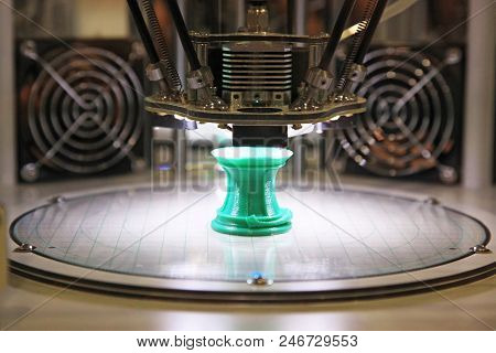 Work 3d Printer. Printing 3d Printer Object Green Plastic. Plastic Wire Film, Modern Printing Techno