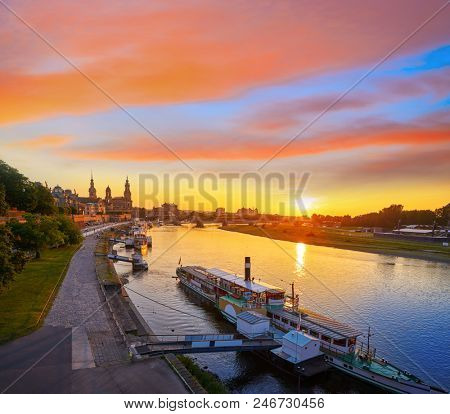 Dresden skyline reflecion in Elbe river at sunset in Saxony of Germany