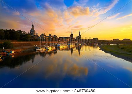 Dresden skyline reflecion in Elbe river at sunset in Saxony of Germany