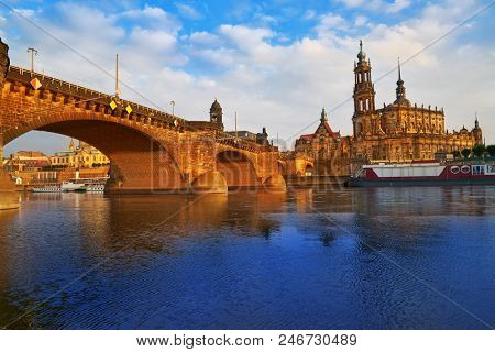 Dresden skyline reflecion in Elbe river at sunset in Saxony of Germany