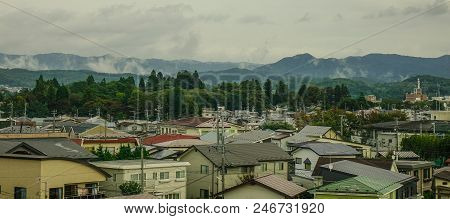 Sendai, Japan - Oct 3, 2017. Mountain Township At Rainy Day In Sendai, Japan.