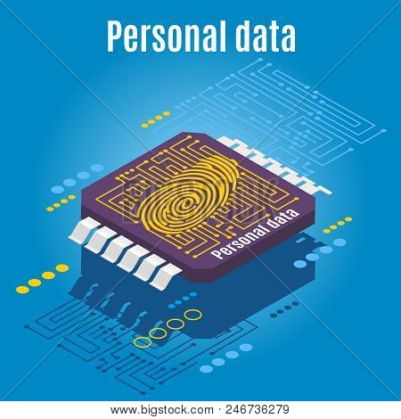 Backup Personality Isometric Background With Conceptual Image Of Microprocessor Engraved With Dactyl