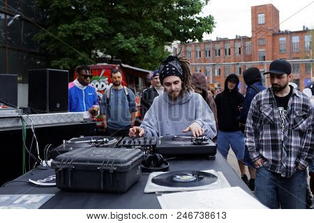 ST. PETERSBURG, RUSSIA - JUNE 1, 2018: Unidentified DJ participates in a battle of Red Bull BC One Camp Russia 2018. 3-days camp includes classes and contests in beatmaking and dj-ing