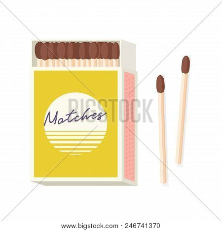 Matchbox And Pair Of Wooden Matches Lying Beside It Isolated On White Background. Household Flammabl