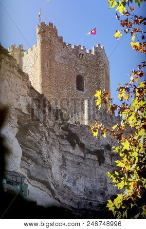Alcala Del Jucar, Spain - October 29, 2016: Side View Of The Village, On Top Of Limestone Mountain I