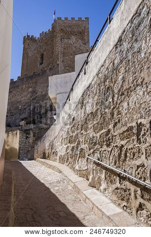 Alcala Del Jucar, Spain - October 29, 2016: Side View Of The Village, On Top Of Limestone Mountain I