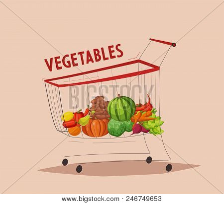 Supermarket Shopping Cart With Vegetables. Cartoon Vector Illustration. Self-service Full Shopping T