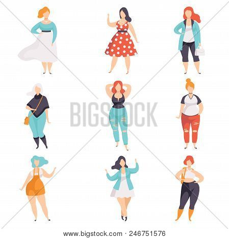 Beautiful Plus Size Women In Fashionable Clothes Set, Curvy, Overweigh Girl, Body Positive Vector Il