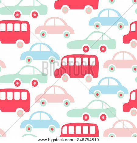 Cute Colorful Buses And Cars Seamless Pattern Wallpaper. Baby Style Pastel Color Vehicle Background.