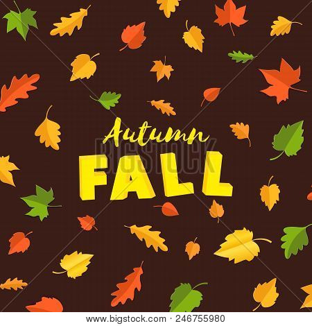 Word Autumn Fall Composition With Green Yellow Red Leaves On Brown Background In Paper Cut Style. Fa