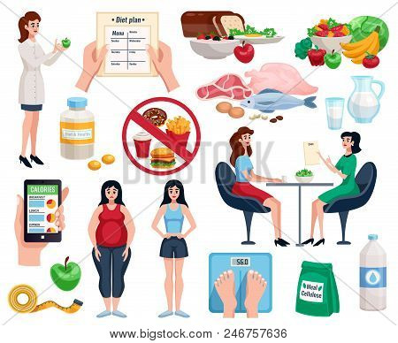 Diet Decorative Icons Set With Basic Nutrition For Good Health And Useful Dishes For Lose Weight Iso