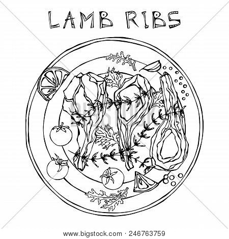 Lamb Ribs Chops With Herbs, Lemon, Tomato, Parsley, Thyme, Pepper. On A Round Plate. Meat Butcher Sh