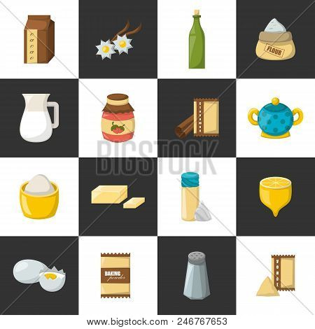 Vector Cartoon Illustration With Baking Ingredients. Cooking Ingredients Icons. Vector Cartoon Kitch