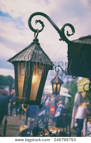 Vintage Lanterns With Yellow Lamps At The Summer Fair In The City At The Solstice Ligo In Riga