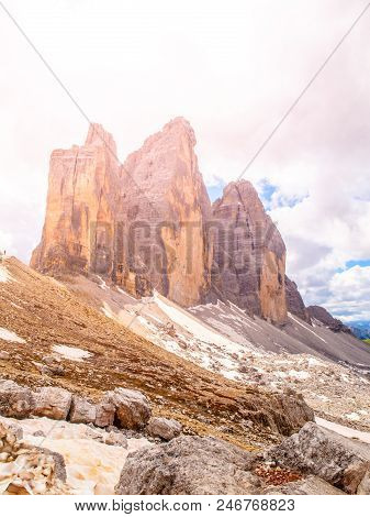 Tre Cime Di Lavaredo, Aka Drei Zinnen, Rock Formation In Dolomites, Italy.