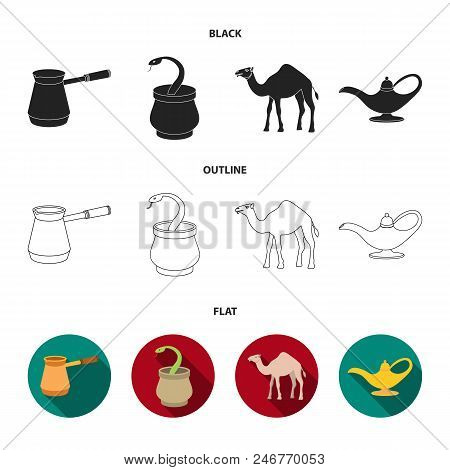 Cezve, Oil Lamp, Camel, Snake In The Basket.arab Emirates Set Collection Icons In Black, Flat, Outli
