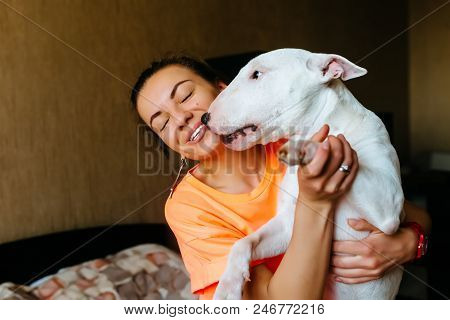 Cute Girl Petting Her Dog.beautiful Girl Having Fun With Her Dog And Enjoying Herself.girl And Her D