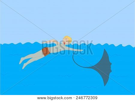 The Stingray Stung The Teenager In The Sea, Vector Illustration.