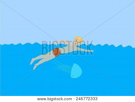 The Man Was Stung By A Jellyfish In The Sea, Vector Illustration.