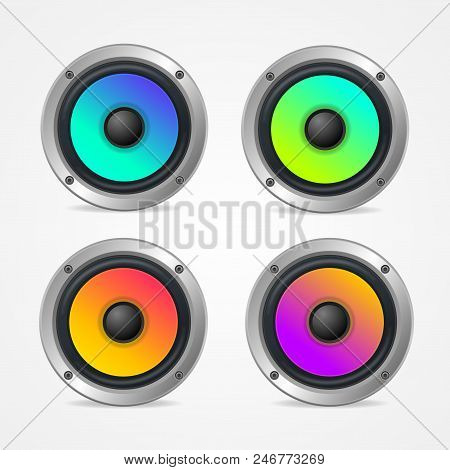 Realistic Detailed 3d Colorful Audio Speaker Set Music Sound Equipment Musical System Concept. Vecto
