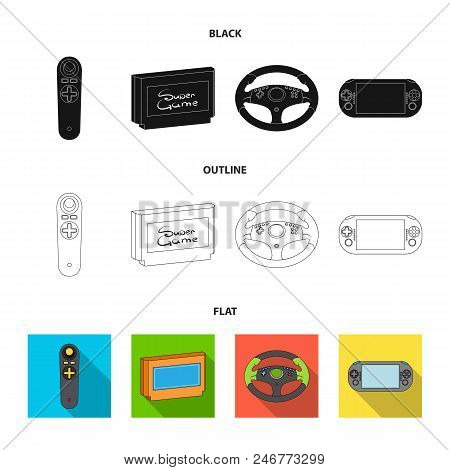 Game Console And Joystick Black, Flat, Outline Icons In Set Collection For Design.game Gadgets Vecto