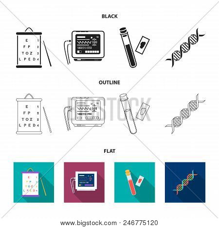 A Table Of Vision Tests, A Blood Test, A Dna Code, An Ecg Apparatus. Medicine Set Collection Icons I