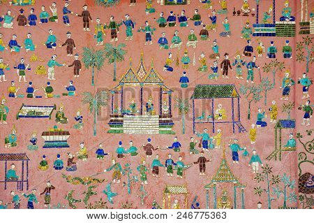 Luang Prabang, Laos - April 14, 2012: Exterior Wall With Beautiful Mosaic Of The Pavilion At Xieng T