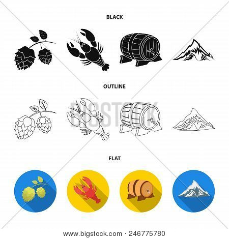 Alps, A Barrel Of Beer, Lobster, Hops. Oktoberfest Set Collection Icons In Black, Flat, Outline Styl