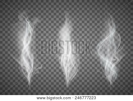 Set Of White Smoke Pattern On A Transparent Background. Stock Vector Illustration.