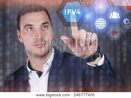 Business, Technology, Internet And Network Concept. Young Businessman Working On A Virtual Screen Of
