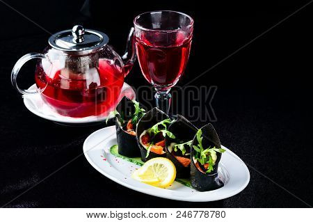 Russin Cuisine In Modern Form. Homemade Black Pancakes Blini With Cuttlefish Ink Served With Salmon 