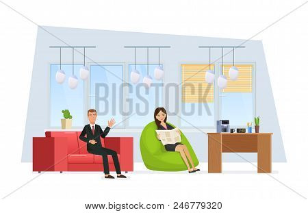 Rest Zone In Office. Employees Of Colleague Relax On Armchair And Sofa During Break At Work. Interio