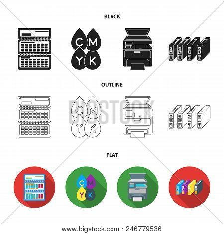 Calendar, Drops Of Paint, Cartridge, Multifunction Printer. Typography Set Collection Icons In Black