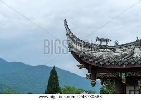 Blue Sky And Eaves Of Ancient Buildings In The Mountains Of Qingcheng, Sichuan, China