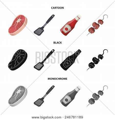 Raw Meat Steak, Grill With Handle, Bottle Of Ketchup, Shish Kebab.bbq Set Collection Icons In Cartoo