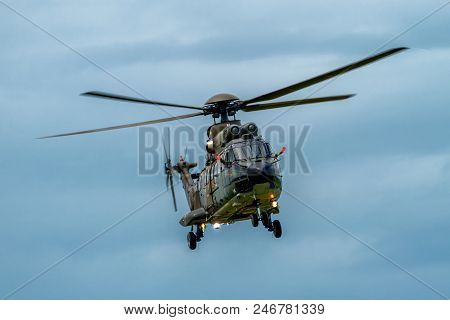 Maribor, Slovenia, June 10 2018 - Aerospatiale Eurocopter As 332 Super Puma Heavy Helicopter The Swi