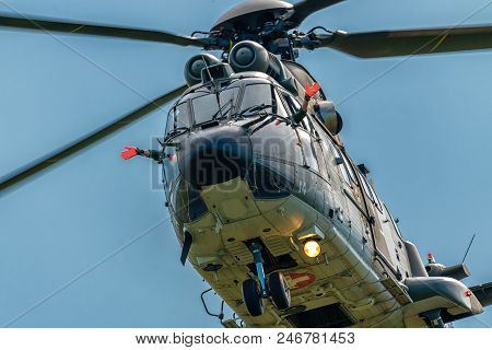 Maribor, Slovenia, June 10 2018 - Aerospatiale Eurocopter As 332 Super Puma Heavy Helicopter The Swi