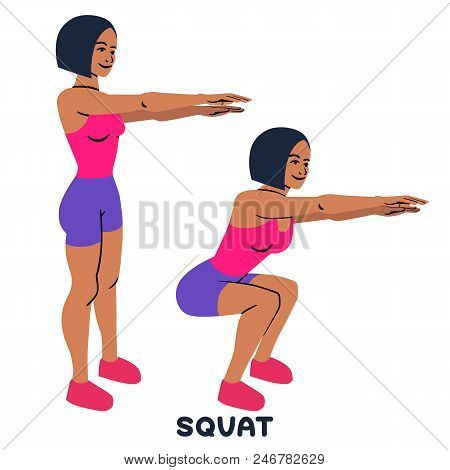 Squat. Sport Exersice. Silhouettes Of Woman Doing Exercise. Workout, Training Vector Illustration