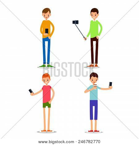 Man Selfie Isolated. Friends Do Joint Self-portrait Photograph. Happy Smiling Young Man Taking Selfi