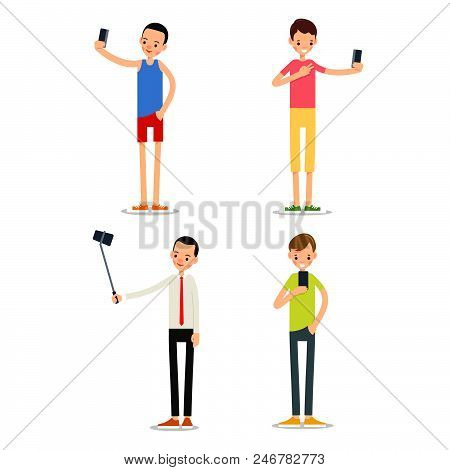 Man Selfie Isolated. Friends Do Joint Self-portrait Photograph. Happy Smiling Young Man Taking Selfi