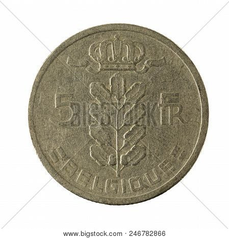 Five Belgian Franc Coin (1950) Isolated On White Background