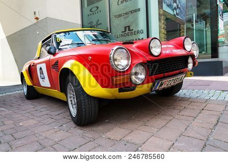 Saalbach-hinterglemm, Austria - June 21 2018: Vintage Italian Racing Car Fiat Abarth 124 Sport Rally