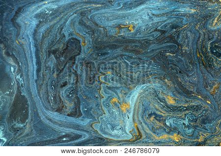Marble Abstract Acrylic Background. Blue Marbling Artwork Texture. Agate Ripple Pattern. Gold Powder