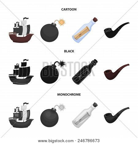 Pirate, Bandit, Ship, Sail .pirates Set Collection Icons In Cartoon, Black, Monochrome Style Vector 