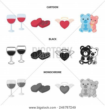 Glasses With Wine, Chocolate Hearts, Bears, Valentine.romantik Set Collection Icons In Cartoon, Blac