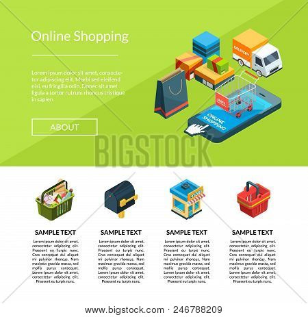 Vector Isometric Online Shopping Icons Website Landing Page And Web Banner Template Illustration