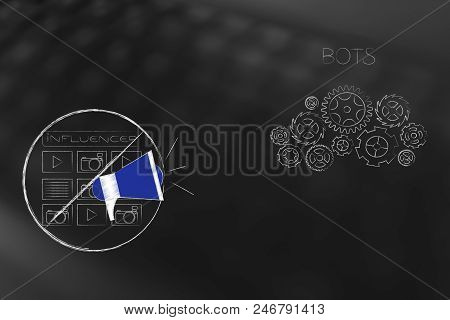 Social Media Marketing Conceptual Illustration: Barred Influencer Posts And Megaphone Icon Next To G