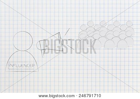 Social Media Brand Ambassadors Conceptual Illustration: Influencer With Megaphone Diffusing Messages