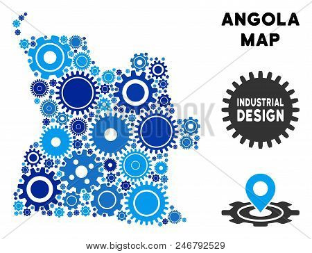 Industrial Angola Map Mosaic Of Cogs. Abstract Territory Scheme In Blue Color Tints. Vector Angola M